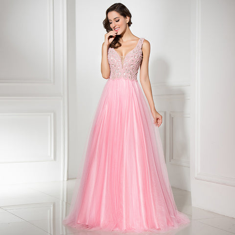 Romantic Sleeveless V - Neck Pink Tulle Gown Prom Dress,LX315