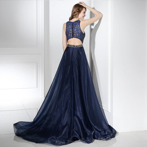 Exquisite Sleeveless Navy Blue Gown with Lace Bodice and Embroidered Flowing Prom Dress,LX378