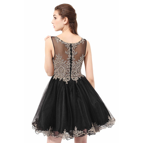 Elegant Sleeveless Black Tulle Dress with Gold Embroidered Bodice  Prom Dress, LX327