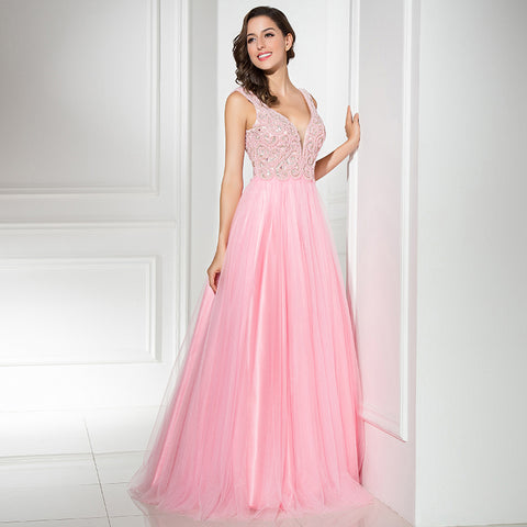 Romantic Sleeveless V - Neck Pink Tulle Gown Prom Dress,LX315