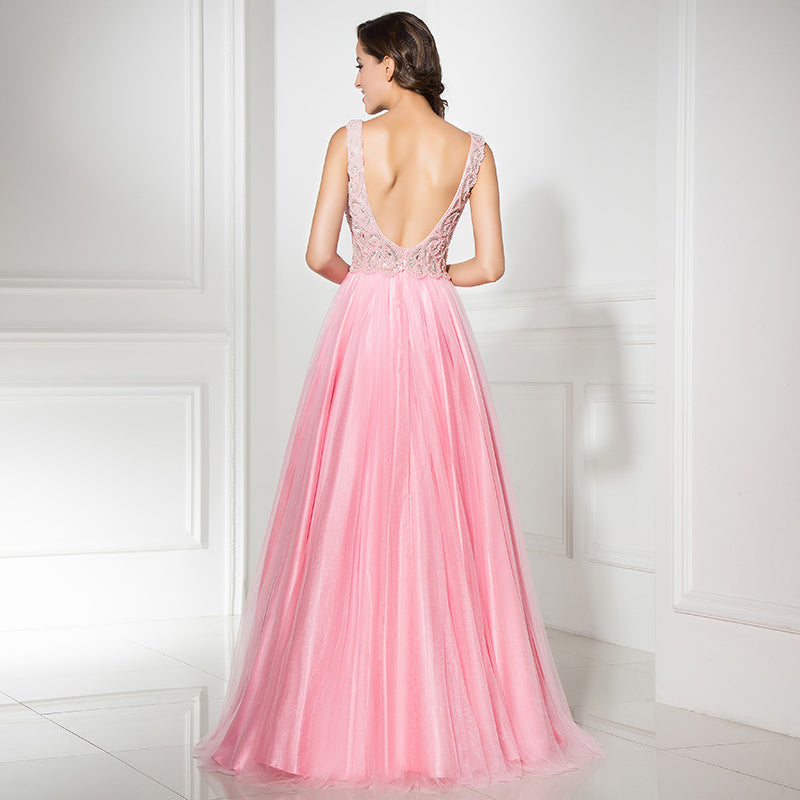 Romantic Sleeveless V - Neck Pink Tulle Gown Prom Dress,LX315