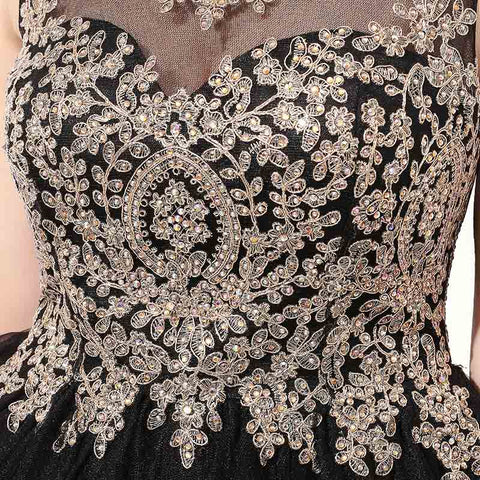 Elegant Sleeveless Black Tulle Dress with Gold Embroidered Bodice  Prom Dress, LX327