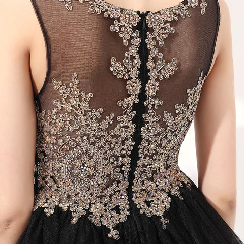 Elegant Sleeveless Black Tulle Dress with Gold Embroidered Bodice  Prom Dress, LX327