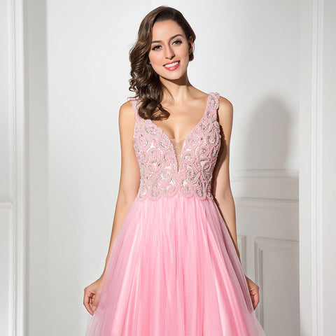 Romantic Sleeveless V - Neck Pink Tulle Gown Prom Dress,LX315
