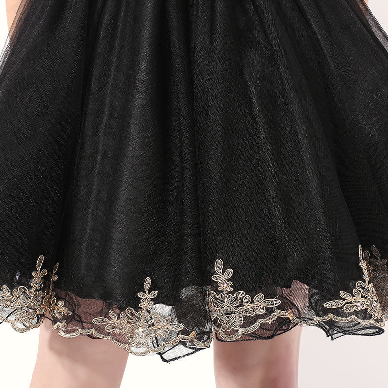Elegant Sleeveless Black Tulle Dress with Gold Embroidered Bodice  Prom Dress, LX327