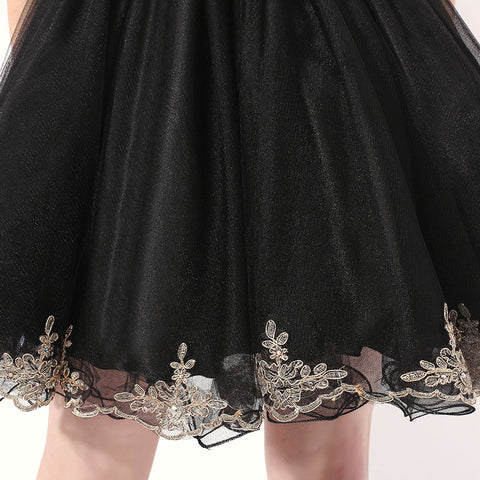 Elegant Sleeveless Black Tulle Dress with Gold Embroidered Bodice  Prom Dress, LX327