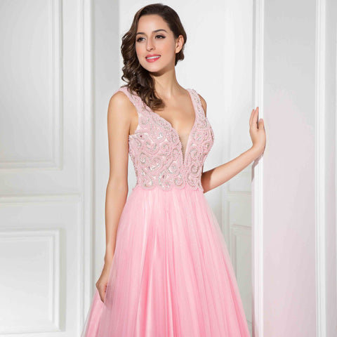 Romantic Sleeveless V - Neck Pink Tulle Gown Prom Dress,LX315