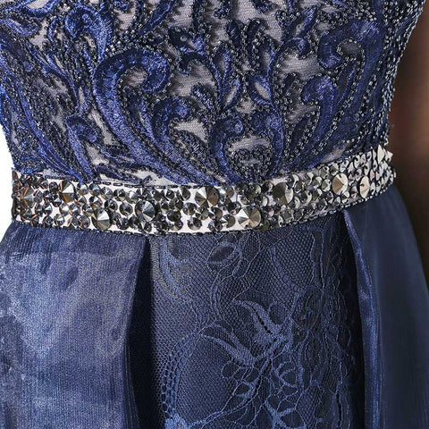 Exquisite Sleeveless Navy Blue Gown with Lace Bodice and Embroidered Flowing Prom Dress,LX378