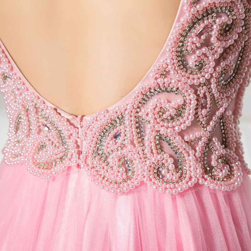 Romantic Sleeveless V - Neck Pink Tulle Gown Prom Dress,LX315