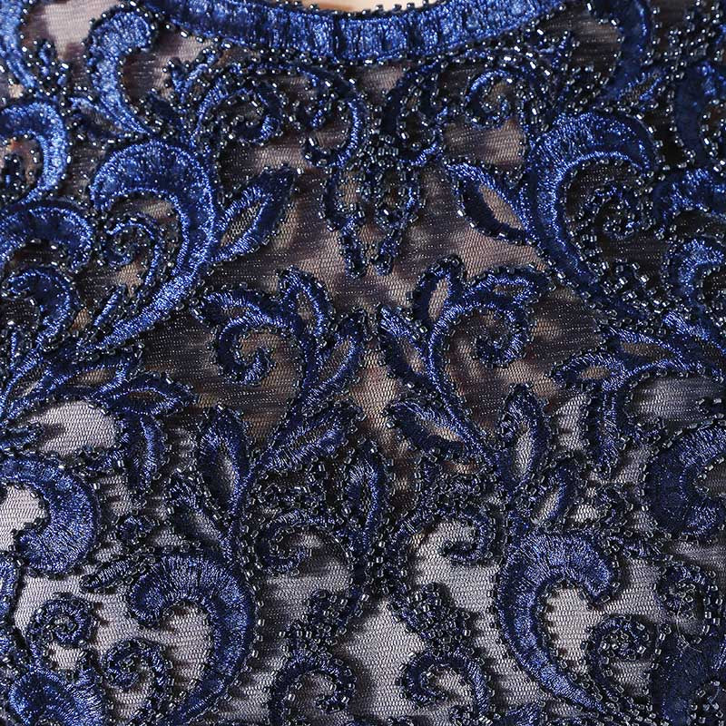 Exquisite Sleeveless Navy Blue Gown with Lace Bodice and Embroidered Flowing Prom Dress,LX378