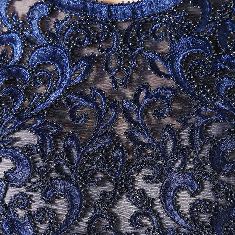 Exquisite Sleeveless Navy Blue Gown with Lace Bodice and Embroidered Flowing Prom Dress,LX378