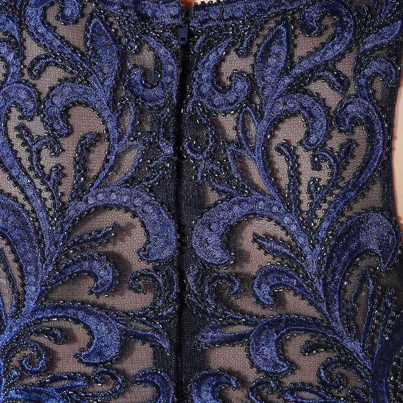 Exquisite Sleeveless Navy Blue Gown with Lace Bodice and Embroidered Flowing Prom Dress,LX378