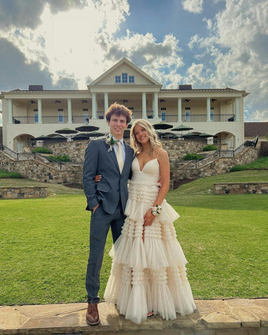 A-Line Long Spaghetti Straps Tiered Tulle Prom Dress With Split