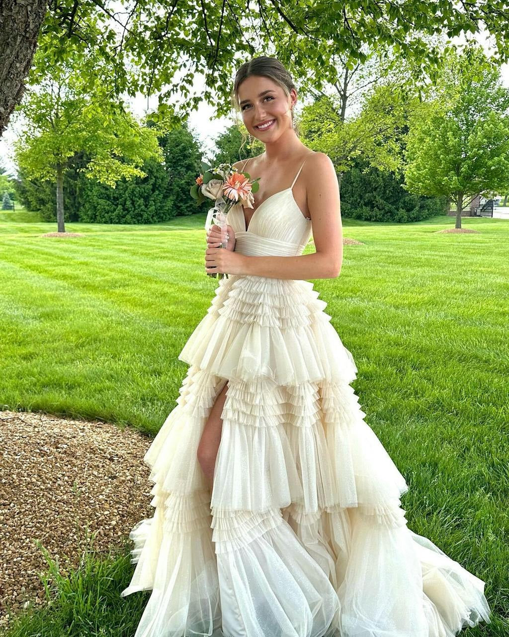 A-Line Long Spaghetti Straps Tiered Tulle Prom Dress With Split