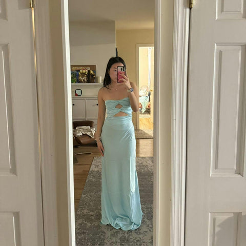 Aqua Blue Sheath Long Strapless Prom Dresses