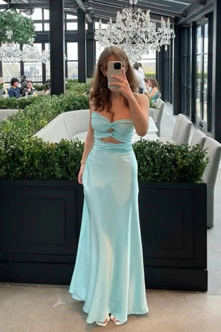 Aqua Blue Sheath Long Strapless Prom Dresses