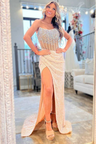 Charming Mermaid Scoop Neck Gold Sequins Slit Prom Dress