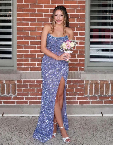 Charming Mermaid Scoop Neck Gold Sequins Slit Prom Dress