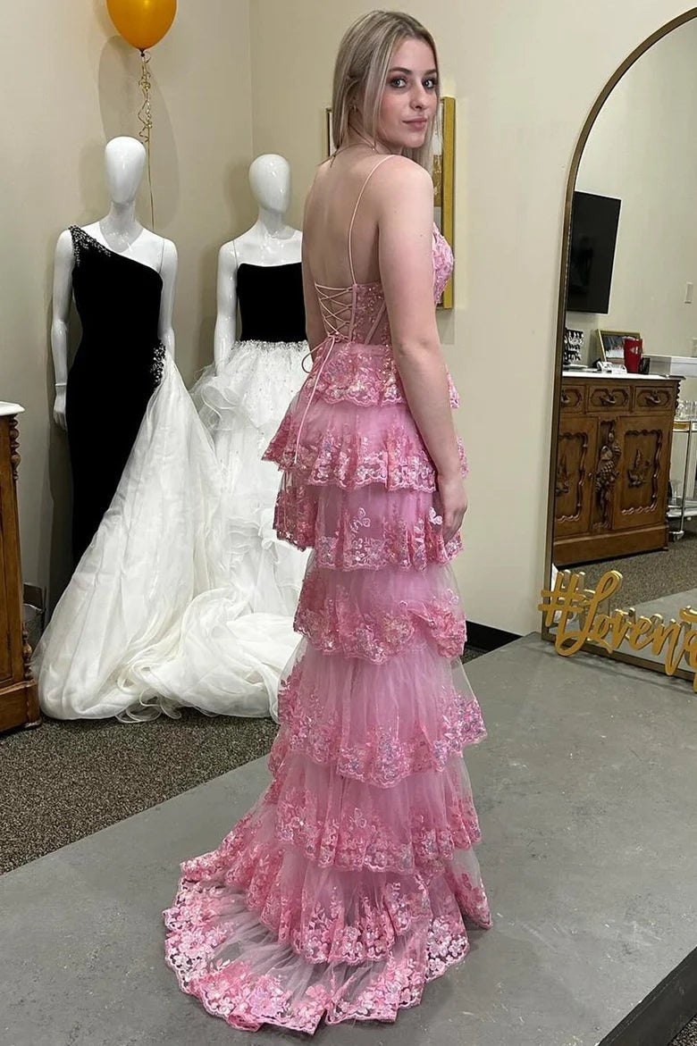 Pink Lace-Up Glitter Appliques Ruffle Tiered Long Dress with Slit