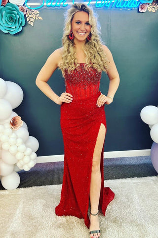 Charming Mermaid Scoop Neck Gold Sequins Slit Prom Dress