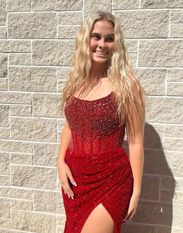 Charming Mermaid Scoop Neck Gold Sequins Slit Prom Dress