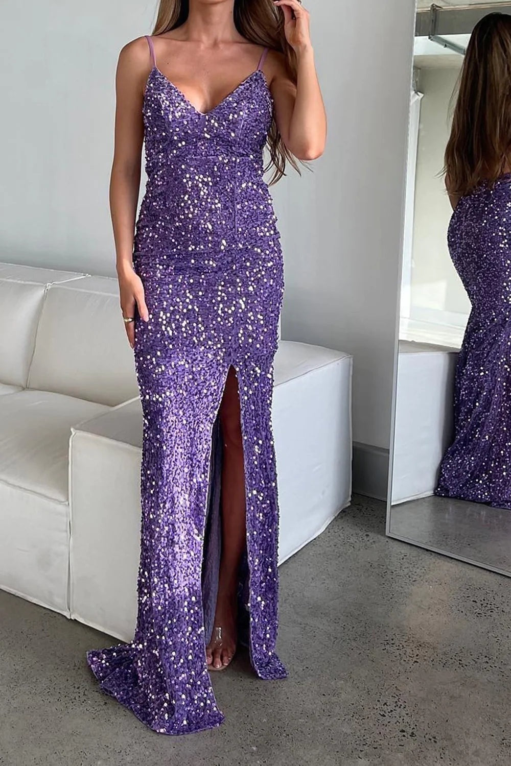 Sparkly Mermaid Purple Long Prom Dress With Slit