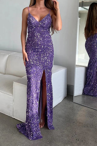 Sparkly Mermaid Purple Long Prom Dress With Slit