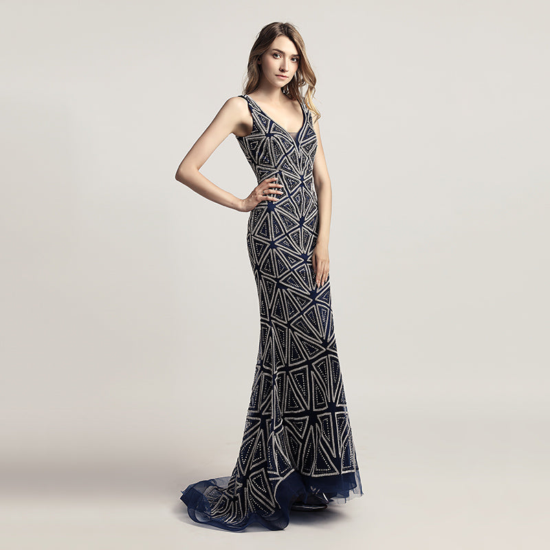 Sophisticated Sleeveless V - Neck Mermaid Gown in Champagne with Geometric Beadwork Prom Dress,LX423