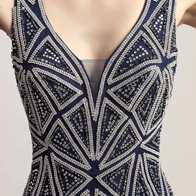 Sophisticated Sleeveless V - Neck Mermaid Gown in Champagne with Geometric Beadwork Prom Dress,LX423