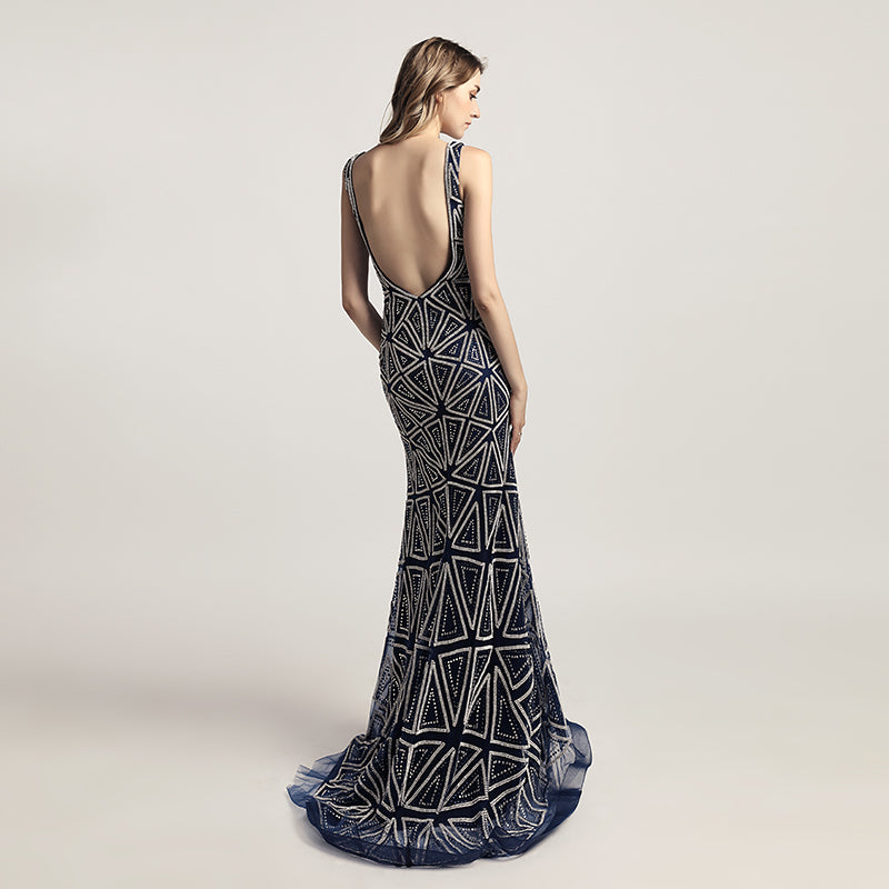 Sophisticated Sleeveless V - Neck Mermaid Gown in Champagne with Geometric Beadwork Prom Dress,LX423
