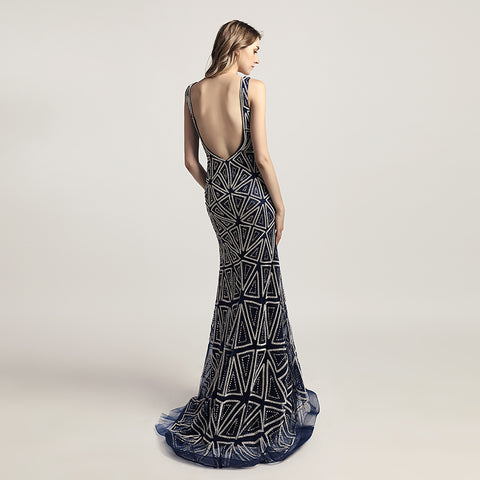 Sophisticated Sleeveless V - Neck Mermaid Gown in Champagne with Geometric Beadwork Prom Dress,LX423