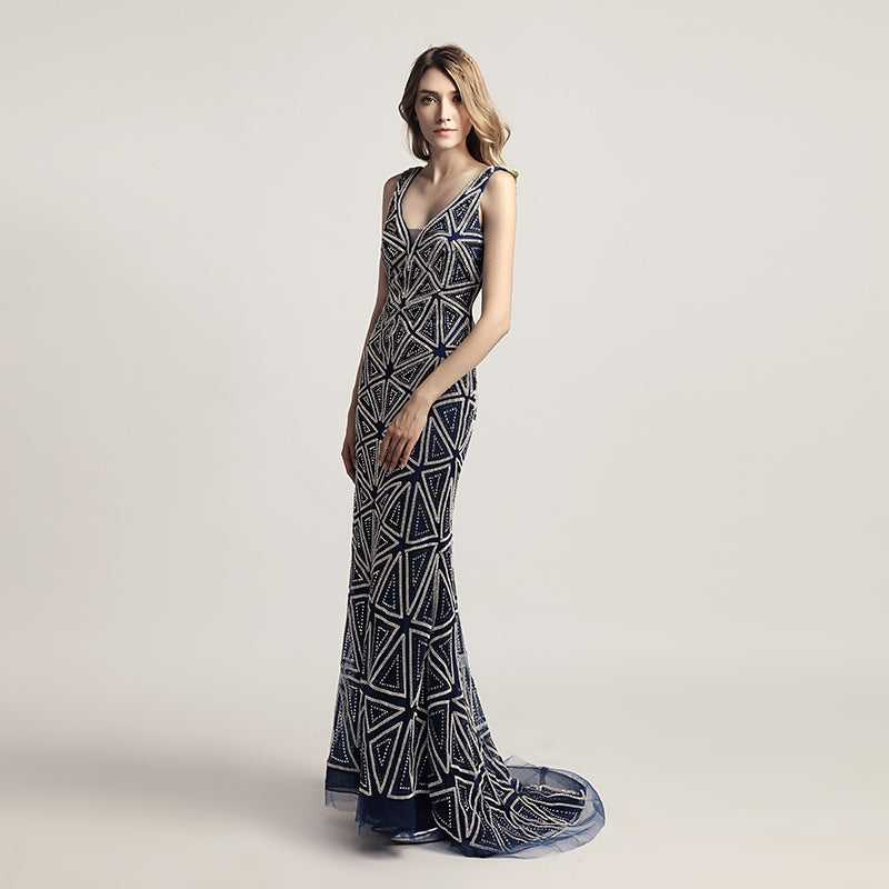 Sophisticated Sleeveless V - Neck Mermaid Gown in Champagne with Geometric Beadwork Prom Dress,LX423