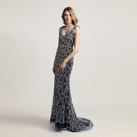 Sophisticated Sleeveless V - Neck Mermaid Gown in Champagne with Geometric Beadwork Prom Dress,LX423