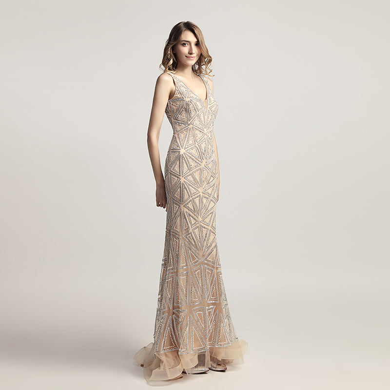 Sophisticated Sleeveless V - Neck Mermaid Gown in Champagne with Geometric Beadwork Prom Dress,LX423