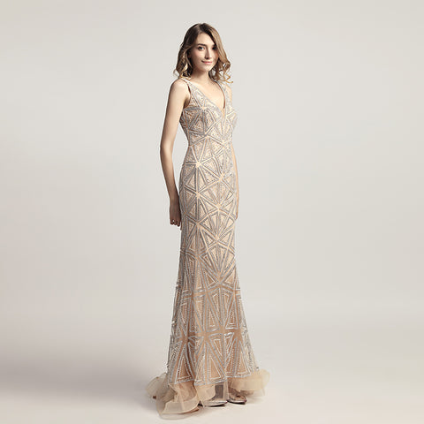 Sophisticated Sleeveless V - Neck Mermaid Gown in Champagne with Geometric Beadwork Prom Dress,LX423