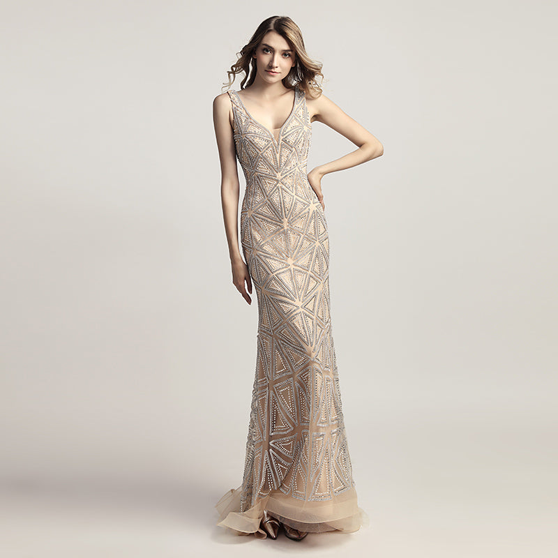 Sophisticated Sleeveless V - Neck Mermaid Gown in Champagne with Geometric Beadwork Prom Dress,LX423