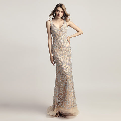 Sophisticated Sleeveless V - Neck Mermaid Gown in Champagne with Geometric Beadwork Prom Dress,LX423