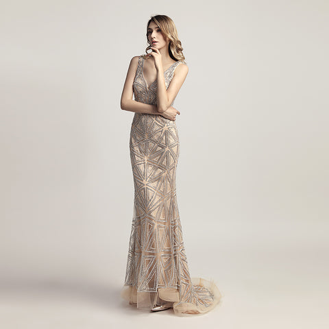 Sophisticated Sleeveless V - Neck Mermaid Gown in Champagne with Geometric Beadwork Prom Dress,LX423