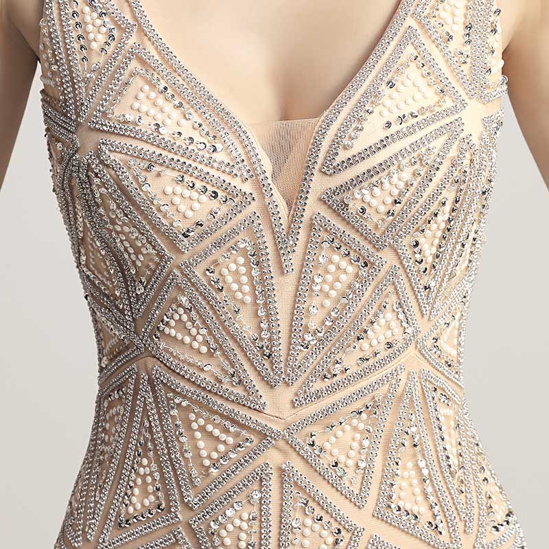 Sophisticated Sleeveless V - Neck Mermaid Gown in Champagne with Geometric Beadwork Prom Dress,LX423