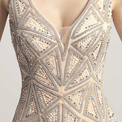 Sophisticated Sleeveless V - Neck Mermaid Gown in Champagne with Geometric Beadwork Prom Dress,LX423