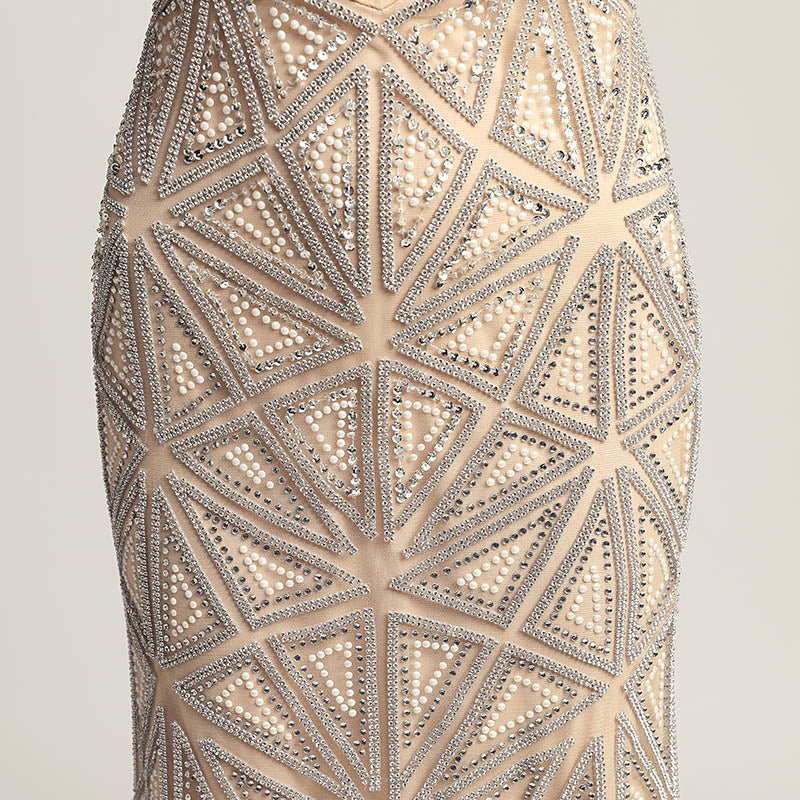 Sophisticated Sleeveless V - Neck Mermaid Gown in Champagne with Geometric Beadwork Prom Dress,LX423