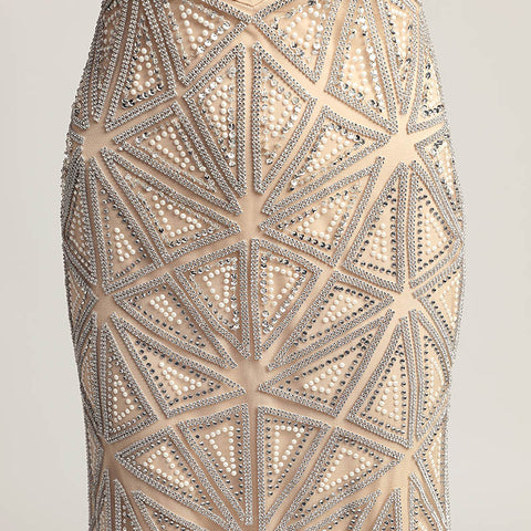Sophisticated Sleeveless V - Neck Mermaid Gown in Champagne with Geometric Beadwork Prom Dress,LX423