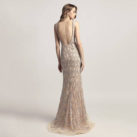 Sophisticated Sleeveless V - Neck Mermaid Gown in Champagne with Geometric Beadwork Prom Dress,LX423