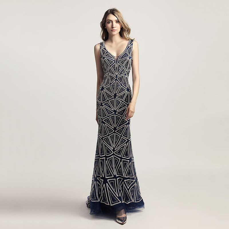 Sophisticated Sleeveless V - Neck Mermaid Gown in Champagne with Geometric Beadwork Prom Dress,LX423