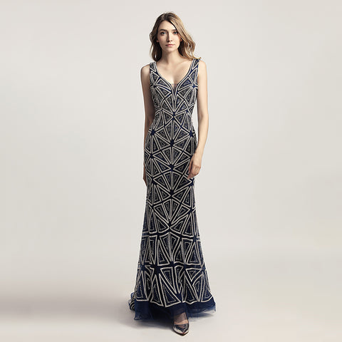 Sophisticated Sleeveless V - Neck Mermaid Gown in Champagne with Geometric Beadwork Prom Dress,LX423