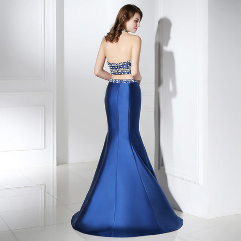 Glamorous Halter - Neck Blue Mermaid Gown with Embellished Crop Top Prom Dress,LX386