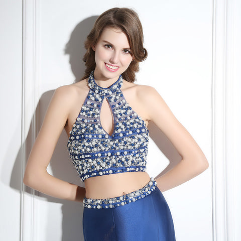 Glamorous Halter - Neck Blue Mermaid Gown with Embellished Crop Top Prom Dress,LX386
