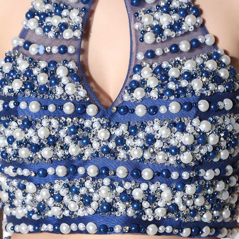 Glamorous Halter - Neck Blue Mermaid Gown with Embellished Crop Top Prom Dress,LX386