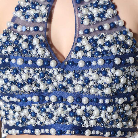 Glamorous Halter - Neck Blue Mermaid Gown with Embellished Crop Top Prom Dress,LX386
