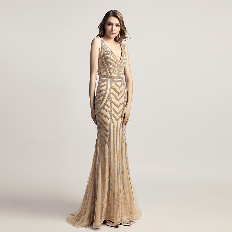Glamorous Gold Sleeveless V - Neck Mermaid Gown with Geometric Embellishment Prom Dress,LX476